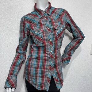 True Religion Brand Women Shirt S-P Tarta Plaid Pearl Snap Western Rodeo cowgirl